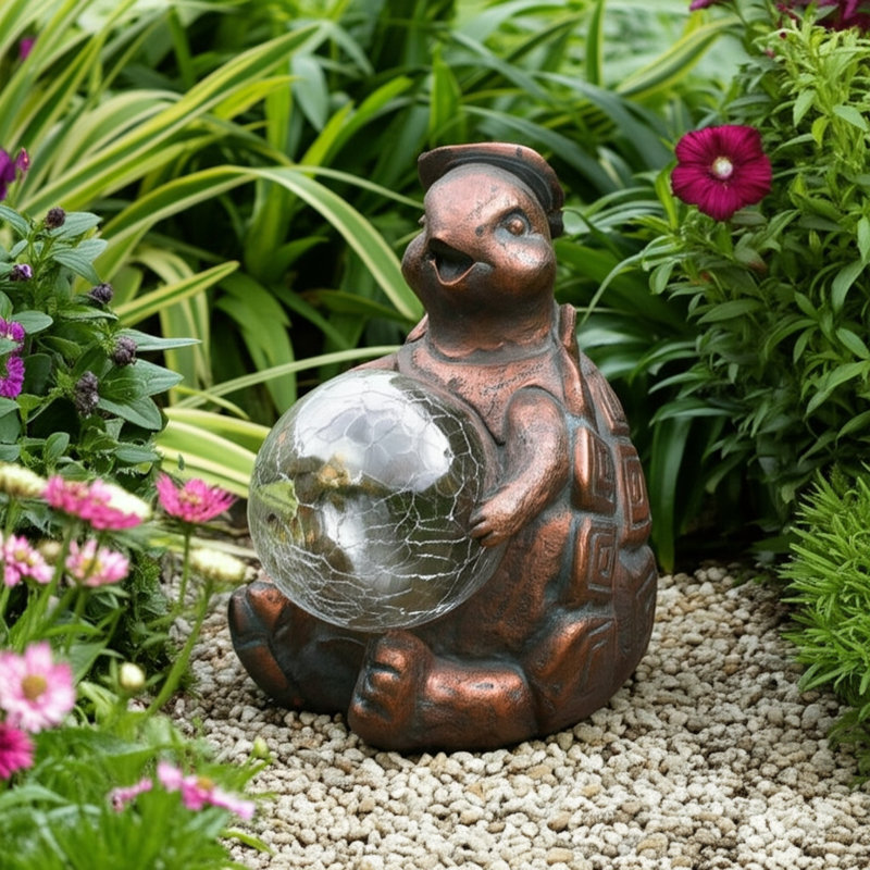 Kalyse Resin Garden Statuary with Solar LED Crackled Glass Ball - 7" Bronze Metallic Finish for Home and Garden Decoration
