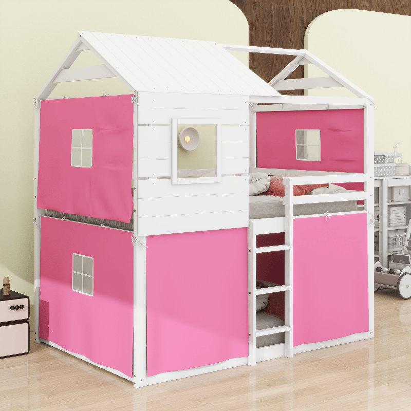 Bunk Wood House Bed With Tent, Full Over Full, Pink