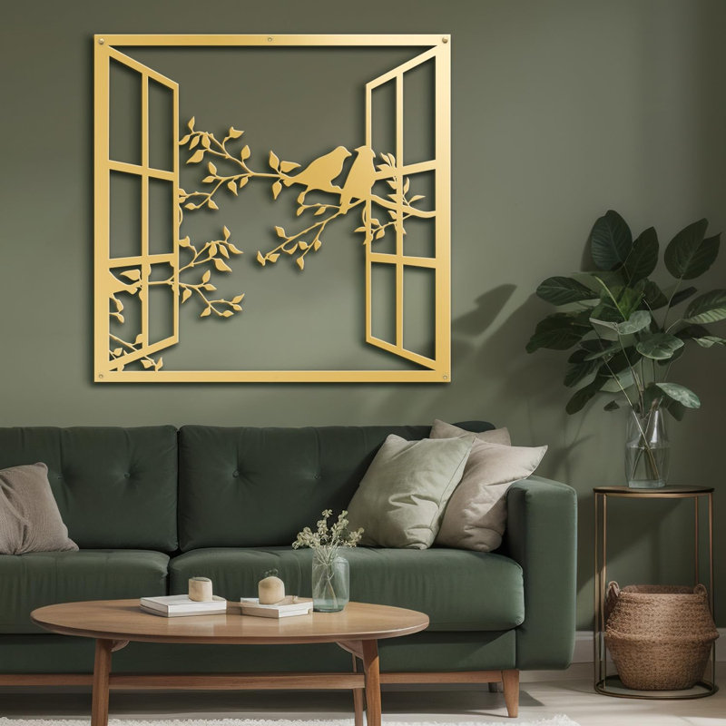 Bird Silhouette on Branch Modern Abstract Wall Accent Sculpture Hanging Decoration Metal Wall Decor, Gold