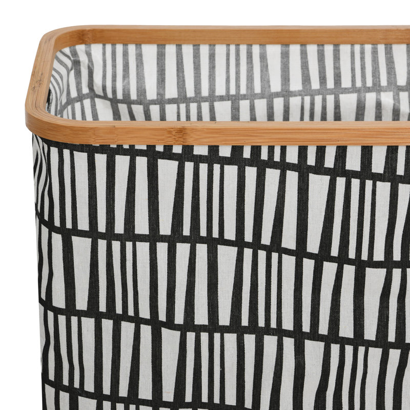 Bamboo Rimmed Rectangular Krush Container Basket with Cut Out Handles and Collapsible Coated Canvas, Black/White/Brown