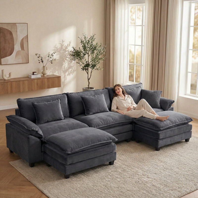 Canapé modulaire U, H 34,6 po x l 120 po x P 33,8 po, Velours gris foncé