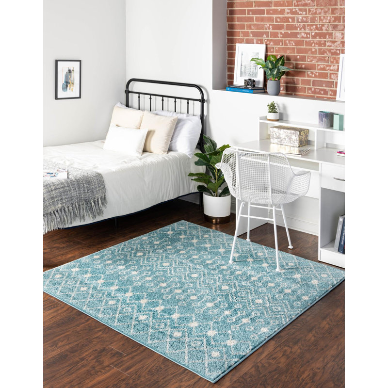 Tapis bleu turquoise en polypropylène tissé à la machine Briehn, Carré 3 pi 3 po