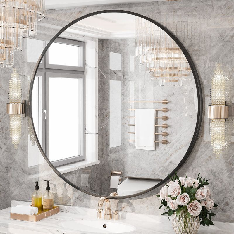 Molly Easy French Cleat Mounting Metal Alloy Wall Round Vanity And Dresser Bathroom Mirror, Black, 48" x 48"