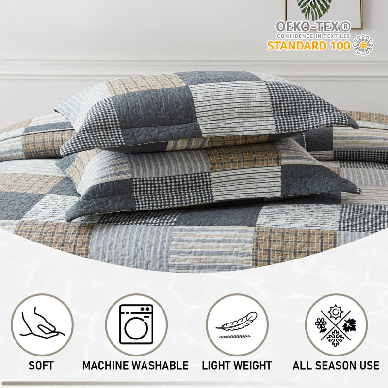 Plaid Patchwork Cotton Queen Quilt Set in Gray and Brown