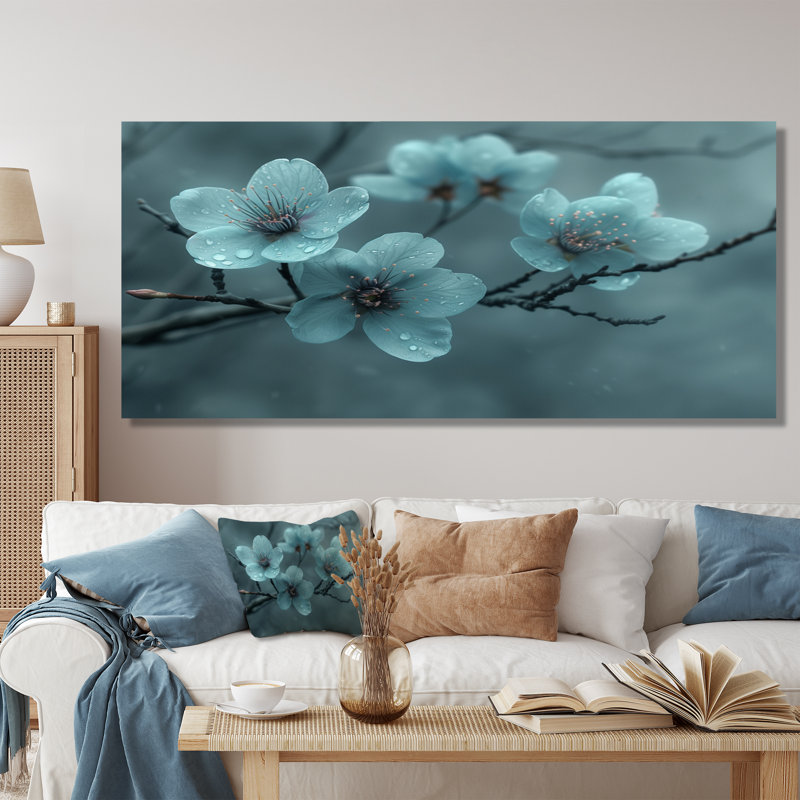  «Blue Cherry Blossom Raindrop Reflection - Cherry Blossom Wall Decor», Toile tendue, H 28 po x l 60 po