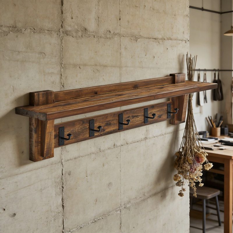 Portemanteau mural en bois massif avec tablette