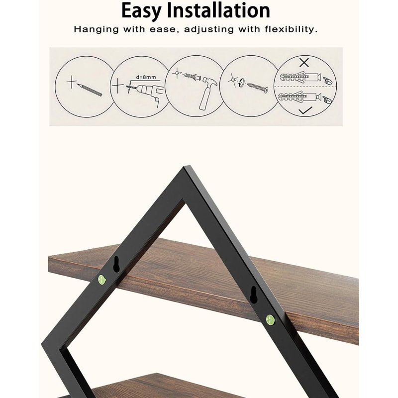 Geometric Floating Shelves Set - 3 Piece Wall Mounted Storage With Single & Double Tiers, Sturdy Wood And Metal Display For Home Decor, Living Room, Bathroom, And Space Saving Organization