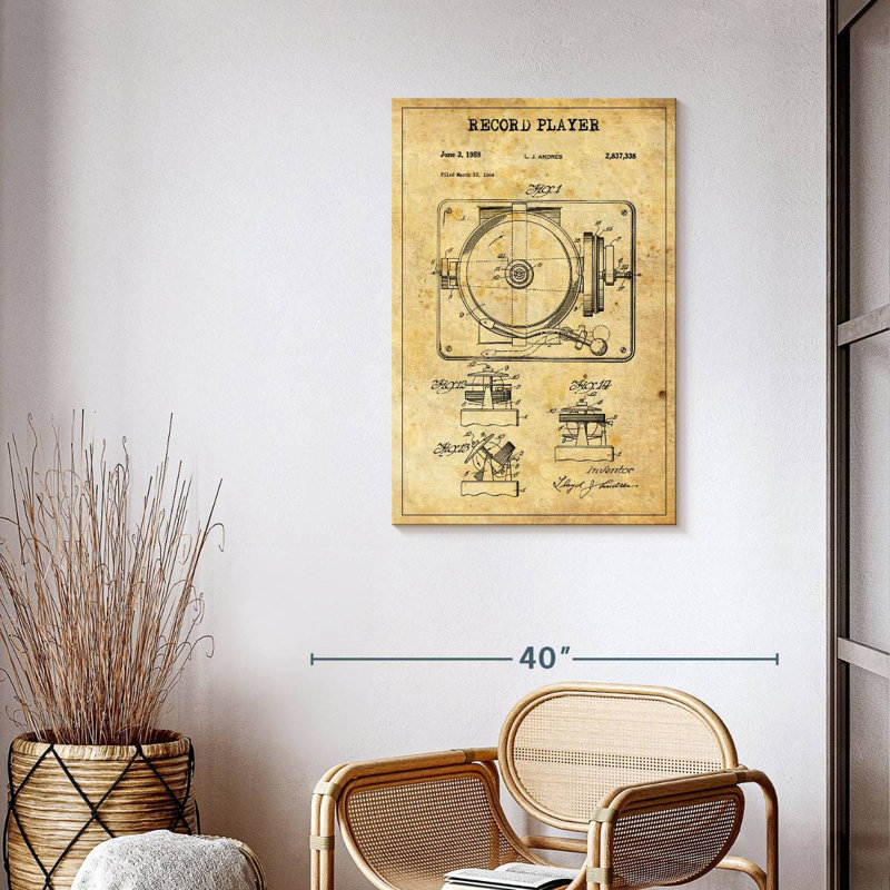 Disque tourne-disque brevet sur toile, H 36 po x l 24 po x P 1,25 po
