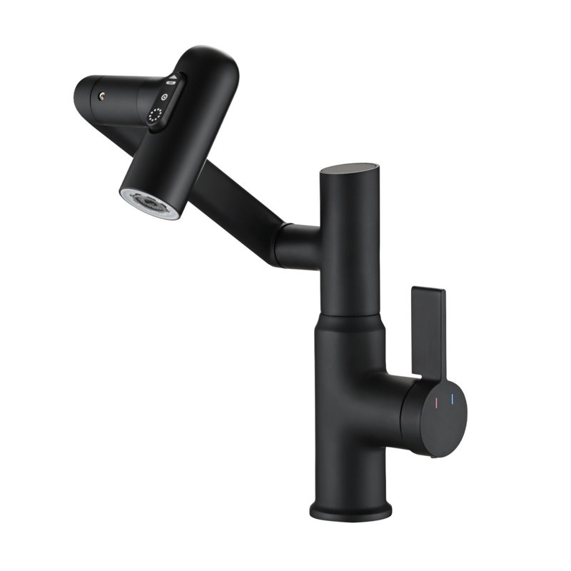 Bathroom sink mixer with spray function and temperature display for non-slip switch and hot/cold and 360° swivel, Matte Black