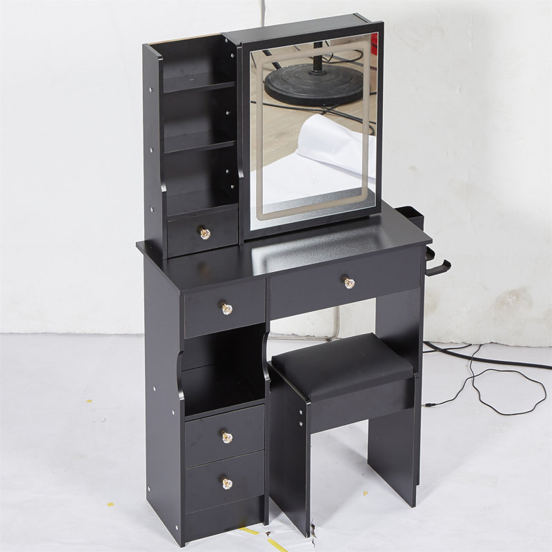 29.2" Small Size Left Drawer Desktop Vanity Table + Cushioned Stool, 2 AC+2 USB Power Station, Hair Dryer Bracket, Extra Large Touch Control Sliding LED Mirror, Tri-Color Switching, Brightness Adjust