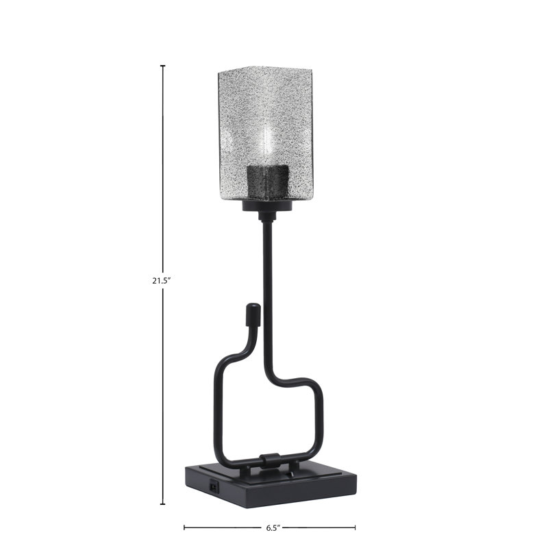 Lampe d'appoint Amarmula, avec ports USB, finition noir mat, verre à bulles carré de 3,5 po, Noir, Transparent/noir