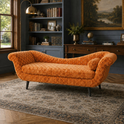 Classic Scroll Arm Chaise Lounge with Diamond Pattern Plush Upholstery for Living Room Bedroom and Reading Corner