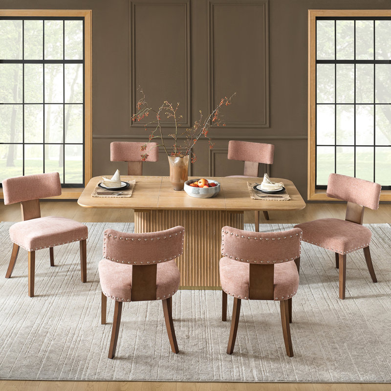 Dooey 20.5"W Mid-Century Modern Polyester Dining Chair with Nailhead Trim (Set of 6), Coral, 6