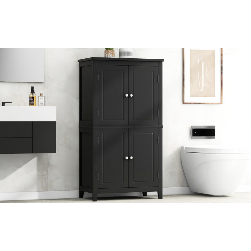 Tall Bathroom Cabinet - 4 Doors Black Adjustable Shelf Options For Versatility, Black