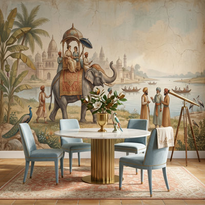 Indian River Landscape Wallpaper Decorated Elephant Mughal Palace Domes Removable Wall Decor