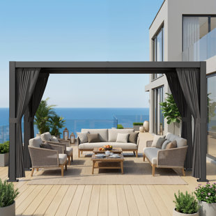 Pergola à persiennes d'extérieur 10 x 13 pi avec rideau