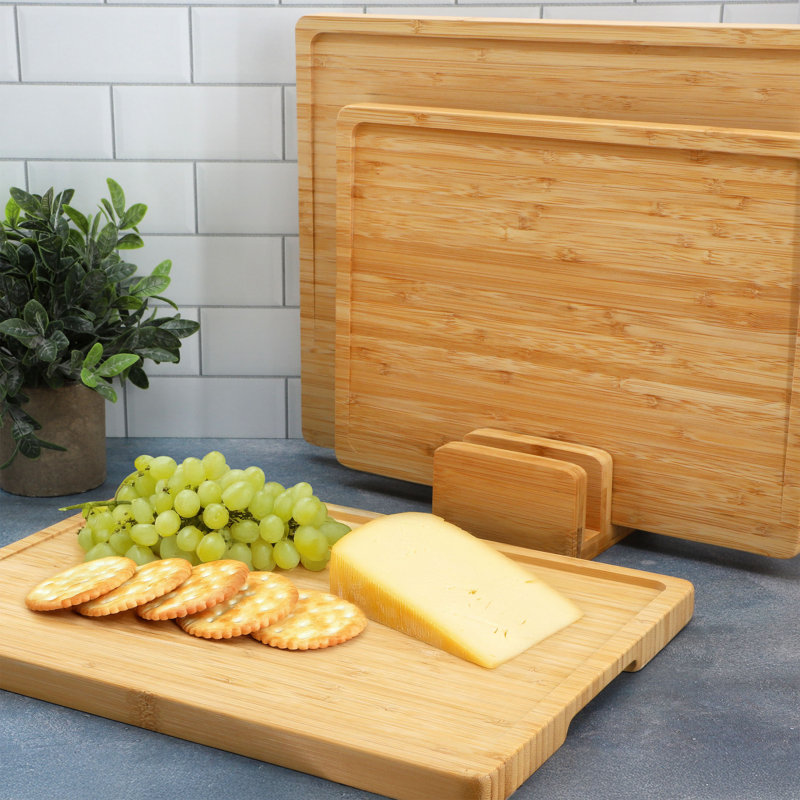 MegaChef 3 Piece Natural Bamboo Cutting Board Set with Base