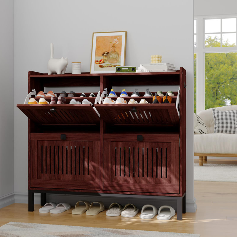 Shoe Storage Cabinet with 4 Flip Drawer, Shoes Organizer with Hollow Out Panel, Brown