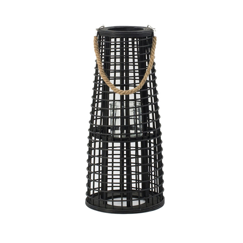 Woven Rattan Windproof Lantern With Hemp Rope, 20.9" H x 9.4" W x 9.4" D