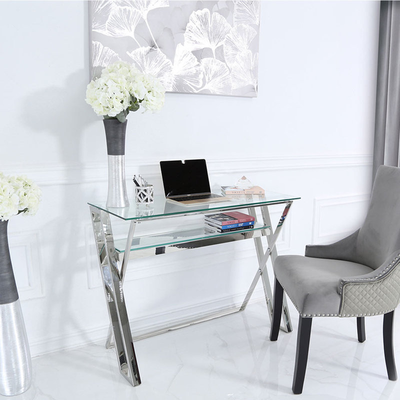 Computer Desk With Shelf Storage Space, 100cm Metal Computer Table, Silver