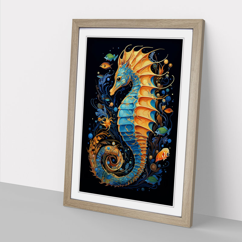 Seahorse Orphism - Single Picture Frame Print on Wood, 64cm H x 46cm W x 2cm D, Oak 