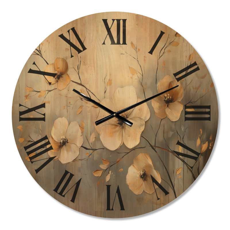 Horloge murale ronde en bois à motif botanique « Fleurs d'ivoire dorées I », Large