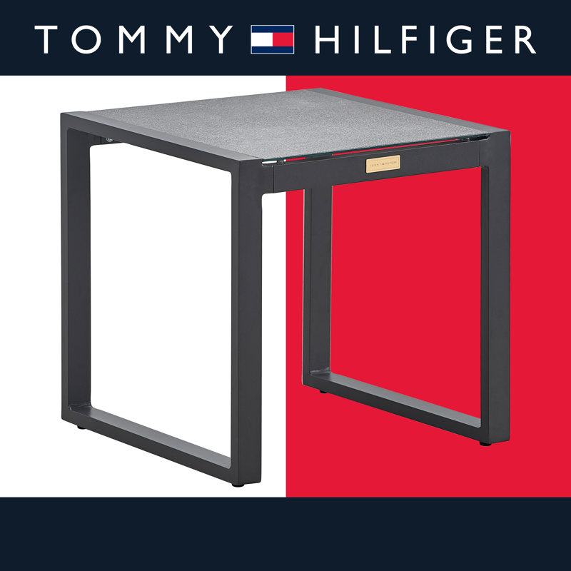 Tommy Hilfiger Hampton Outdoor Patio Side Table with Natural Gray Pebbled Glass Top and Water-Resistant Aluminum Base