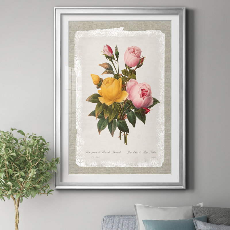 «Botanical Bouquet Roses», reproduction d'art graphique sur papier encadré, H 22,5 po x l 30,5 po x P 1,5 po, Argent