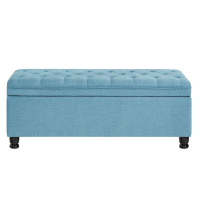 Button Linen Storage Bench With Blue Cover And Solid Wooden Construction Fabric Upholstered In Secure Legs