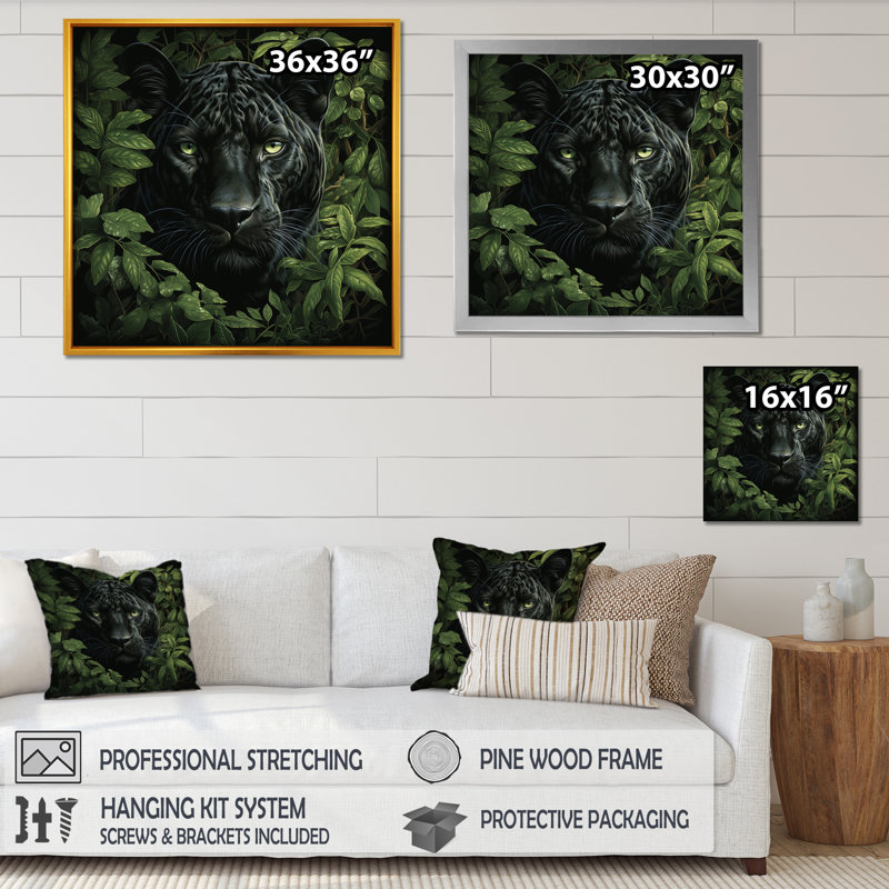 Feuillage jalonnant Panther - art mural panthère, Cadre flottant noir, H 16 po x l 16 po x P 1 po