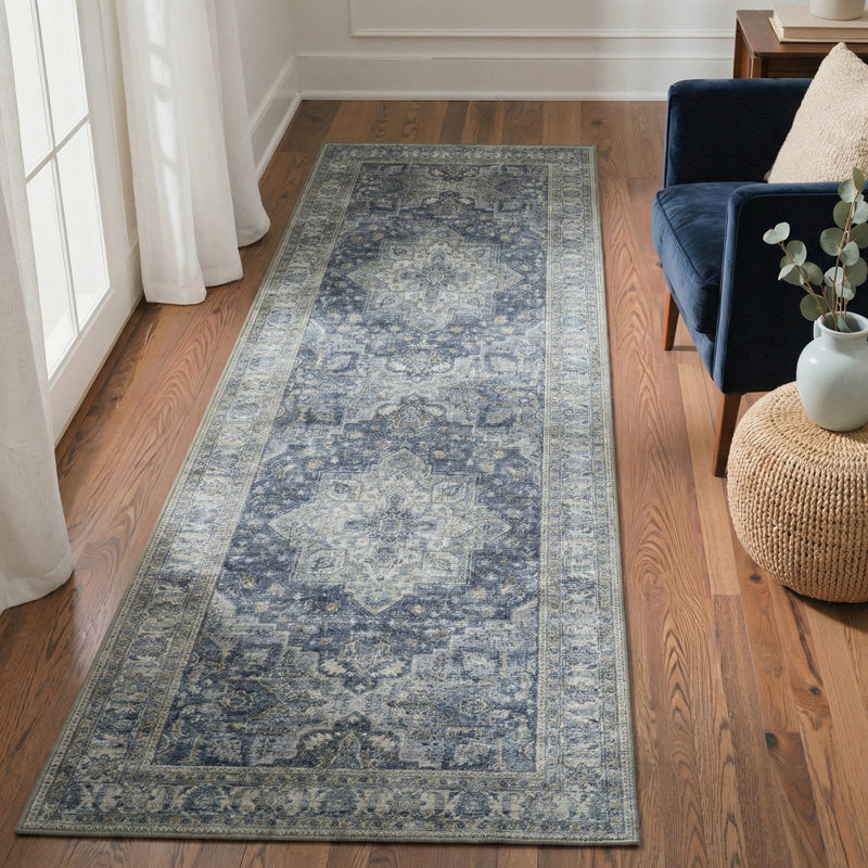 Tapis d'intérieur bleu à motif antidérapant Caelum, Tapis de couloir 2 pi 3 po x 6 pi