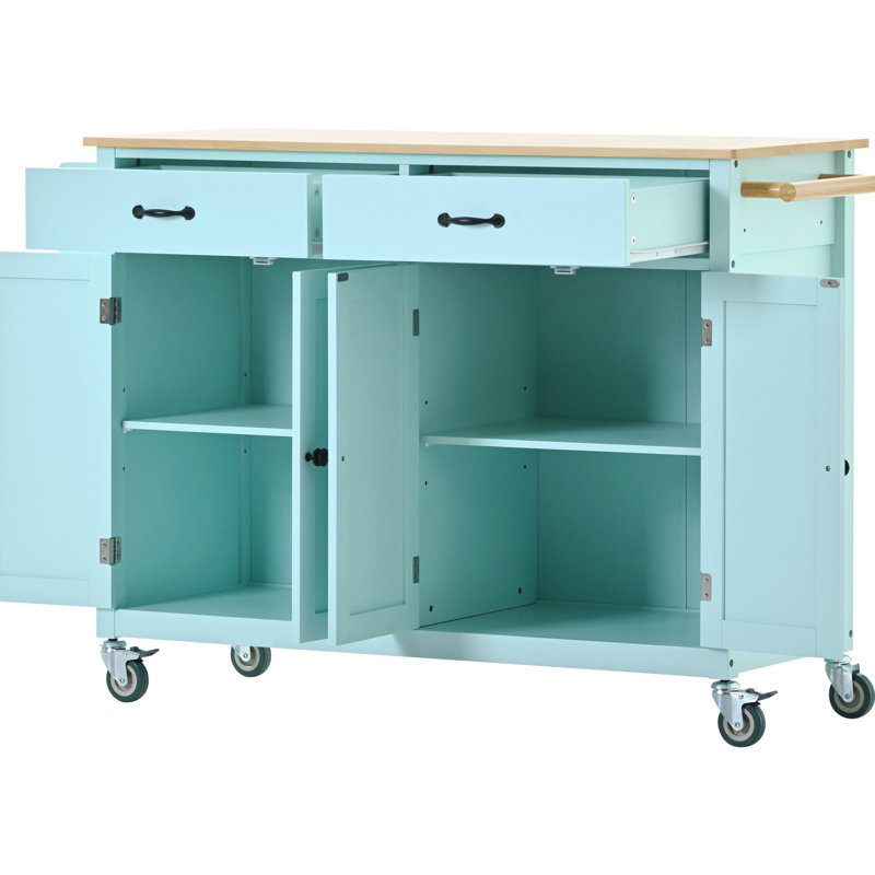 Chariot pour îlot de cuisine Mint - armoire 4 portes, 2 tiroirs, plateau en bois massif, tablettes réglables, porte-épices et porte-serviettes, roulettes verrouillables