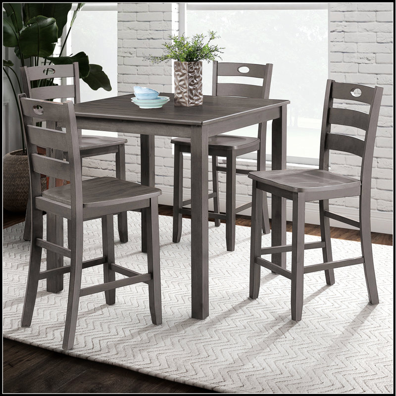 Ensemble de salle à manger 5 pièces à hauteur de comptoir gris avec chaises à dossier en lattes gris, pour les maisons modernes et traditionnelles