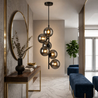 Luminaire suspendu sphérique moderne à 6 lumières, luminaire suspendu sphérique en verre au fini doré ou noir, luminaire suspendu linéaire multi-lumières avec abat-jour en verre transparent pour le vestibule de l'îlot de cuisine de la salle à manger