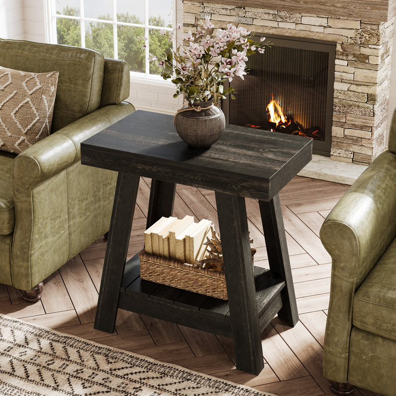 2-Tier Small End Table,  Narrow Wooden Sofa Side Table for Living Room, Black