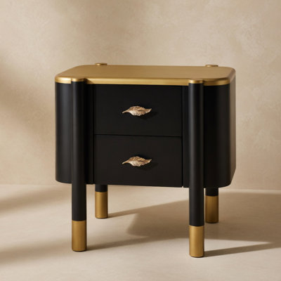 Contemporary 2 Drawers Nightstand With Curved Profile Design, Bedside Table With Metal Feather-Shaped Handles And Exposed Legs, End Table For Living Room And Bedroom, Easy Assembly, Black