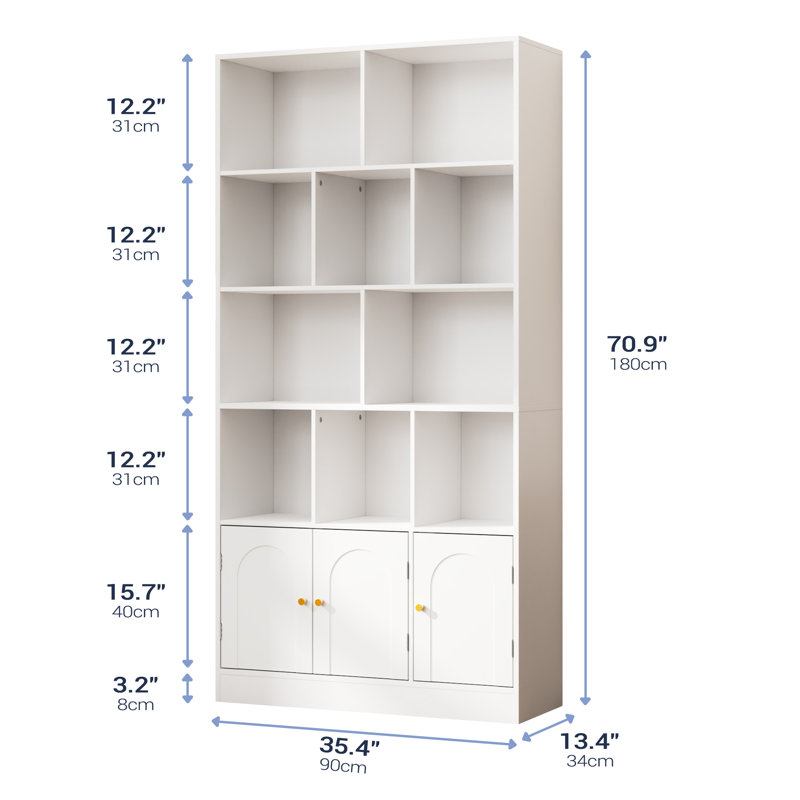 71" Tall Bookshelf With 10 Cubes And 3 Doors, 4-tier Bookshelf, Open Shelf Bookcase With Cabinet, Modern Cube Storage Organizer For Living Room, And Office, White