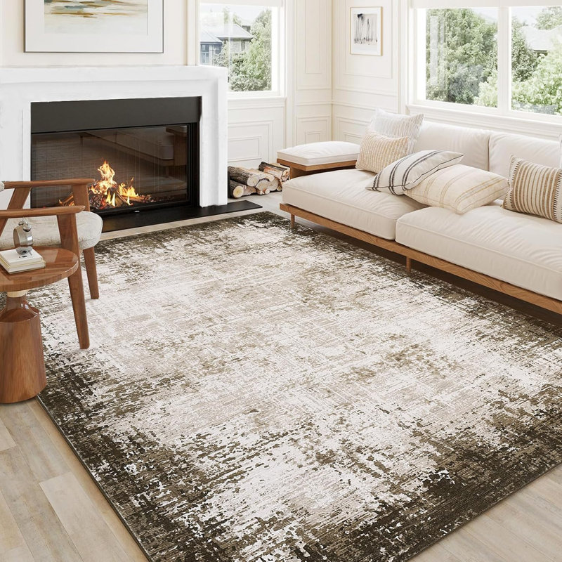 Area Rug Washable Soft Modern Bordered Abstract Rugs Low Pile Non-Slip Foldable Throw Rug Carpet Dining Room Home
