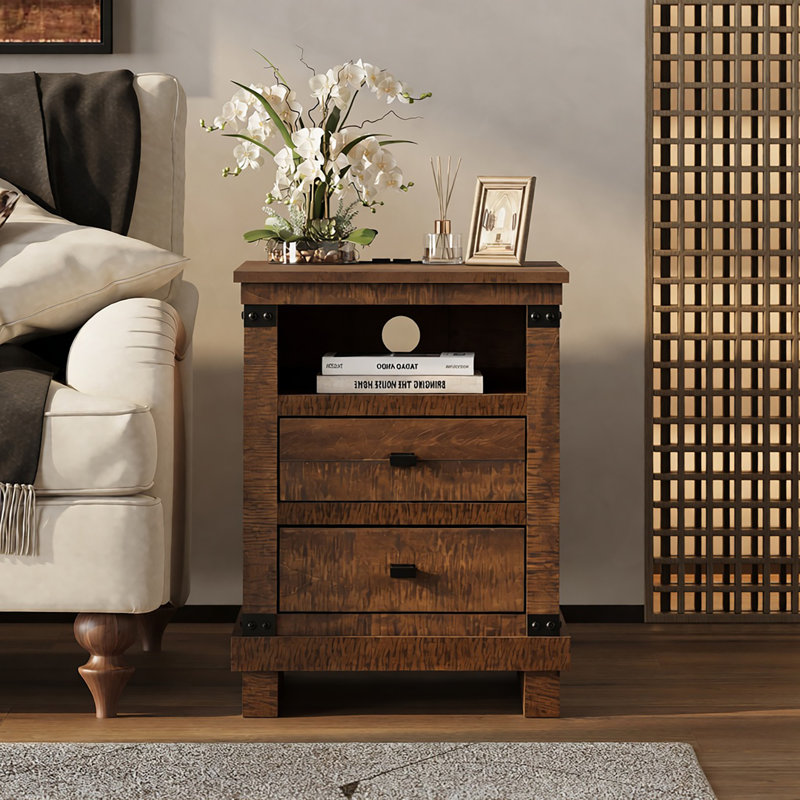 18"W Farmhouse Nightstand with Charging Station & 2 - Drawers, Brown
