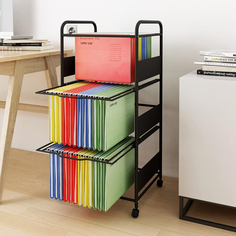 3 Tiers Metal Rolling File Carts With Wheels Hanging Files For Letter Size Movable Pull-Out File Folder Rack Drawer File Cabinet For Home Office