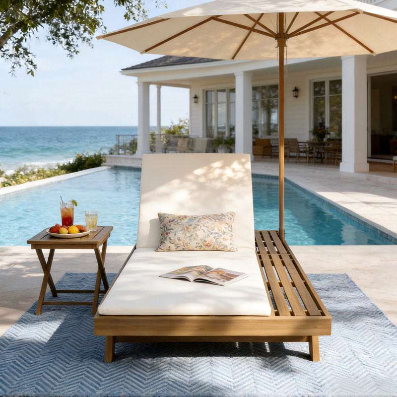 Chaise longue en bois au fini brun, coussins crème de 5 cm d'épaisseur, 4 positions inclinables pour une utilisation au bord de la piscine et à l'extérieur.