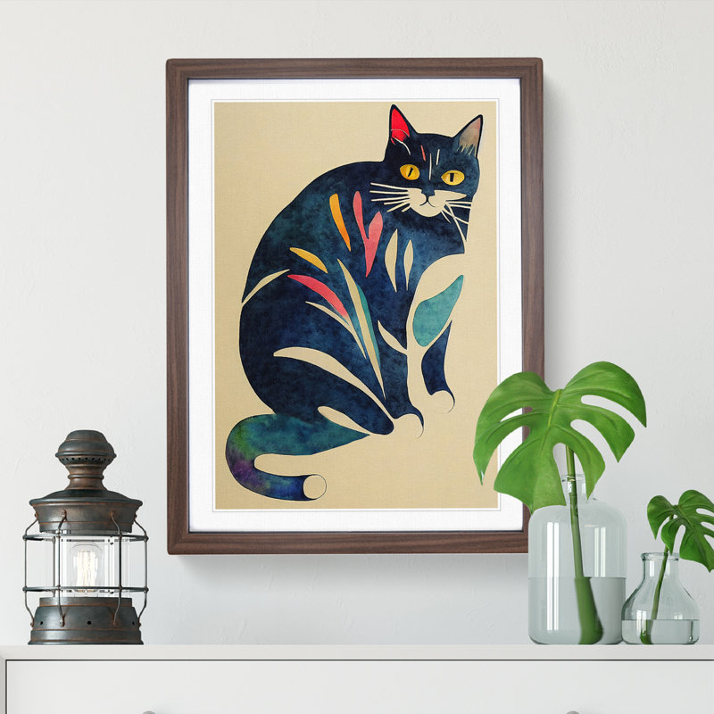 Cat Watercolour No.2 - Wall Art, 66cm H x 48cm W x 2cm D, Walnut Framed, White