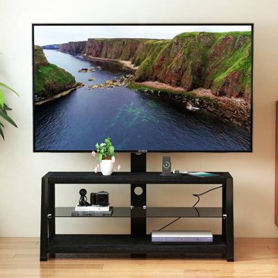 Hauteur - réglable, verre trempé noir, support, téléviseurs de 32 po et 65 po, tablettes à 3 niveaux, fonction pivotante, capacité de 180 lb, charge, pivotant de rangement pour téléviseur avec gestion des fils,