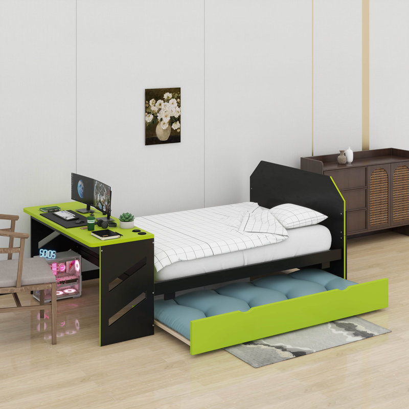 Full Size Wood Daybed With Trundle,Desk And USB, Green