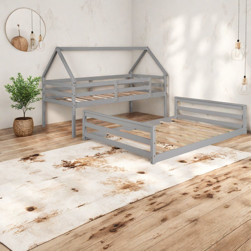 Lit superposé simple au-dessus d'un lit double en bois compact, conception de maison moderne pour la famille