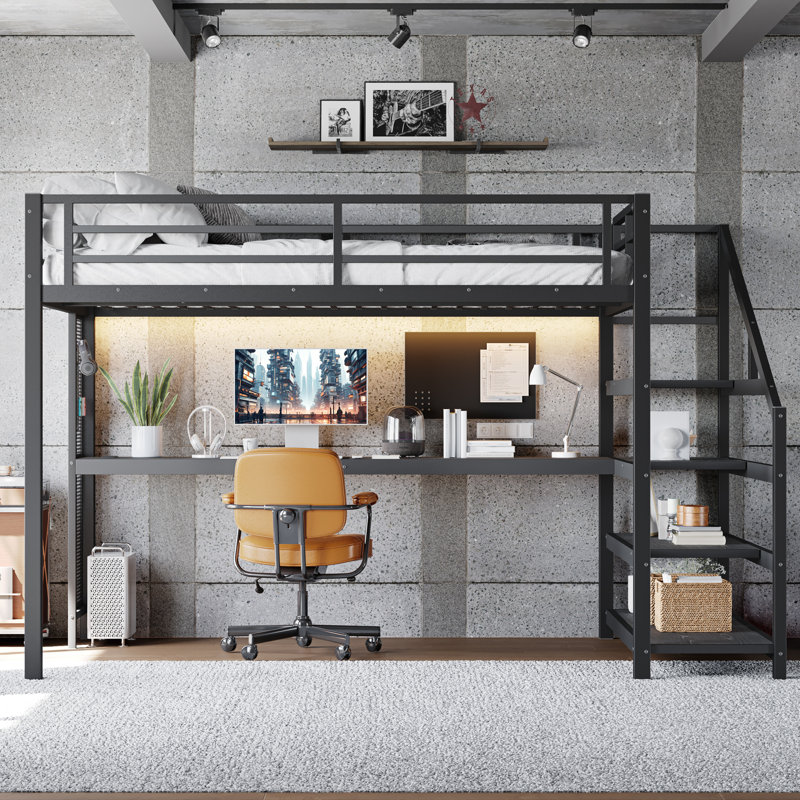 Queen Loft Bed with Desk and Storage Stairs, Metal Loft Beds with LED Lights, USB Ports, Multifunctional Iron Nets, No Spring Box Needed and Noise-free, Black