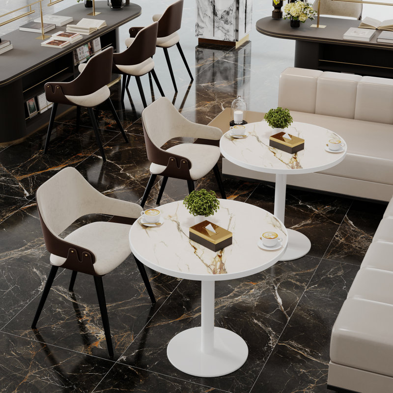 Table bistro ronde 31,5 pouces avec plateau en faux marbre, structure en métal robuste facile à assembler, Blanc / Doré