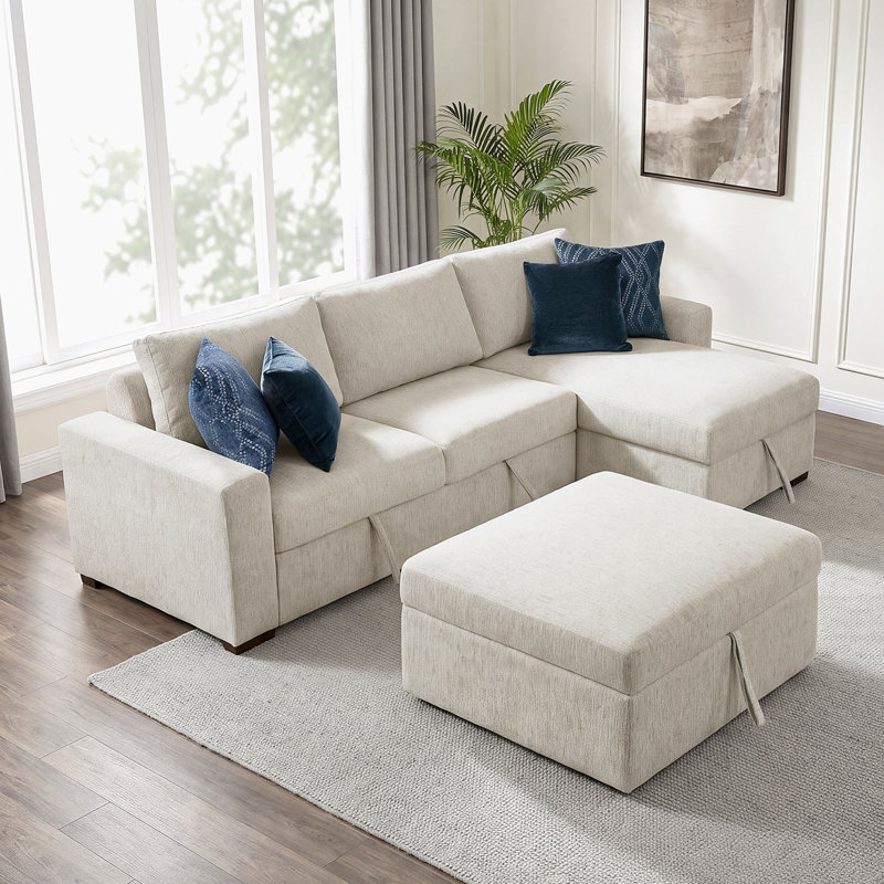 Canapé modulaire en microfibre 3 pièces 110,5 po avec lit escamotable, rangement et rangement caché, Beige