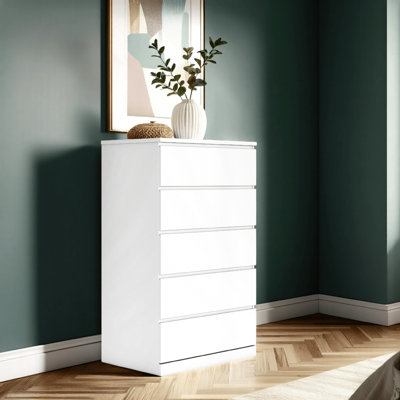 Onira Tall Dresser Chest, 5 Spacious Drawers, Modern White, 49 Inch by Benjara