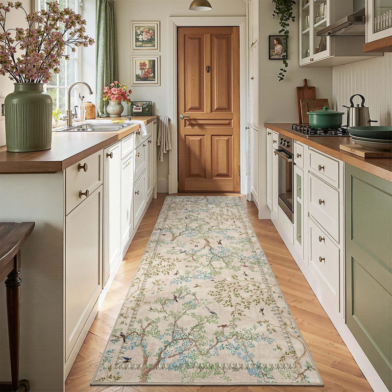 Floral Rug Botanical Birds Print Nature Plants Washable Non-slip Natural Beige/Pink, Runner 3' x 10', Beige/Pink